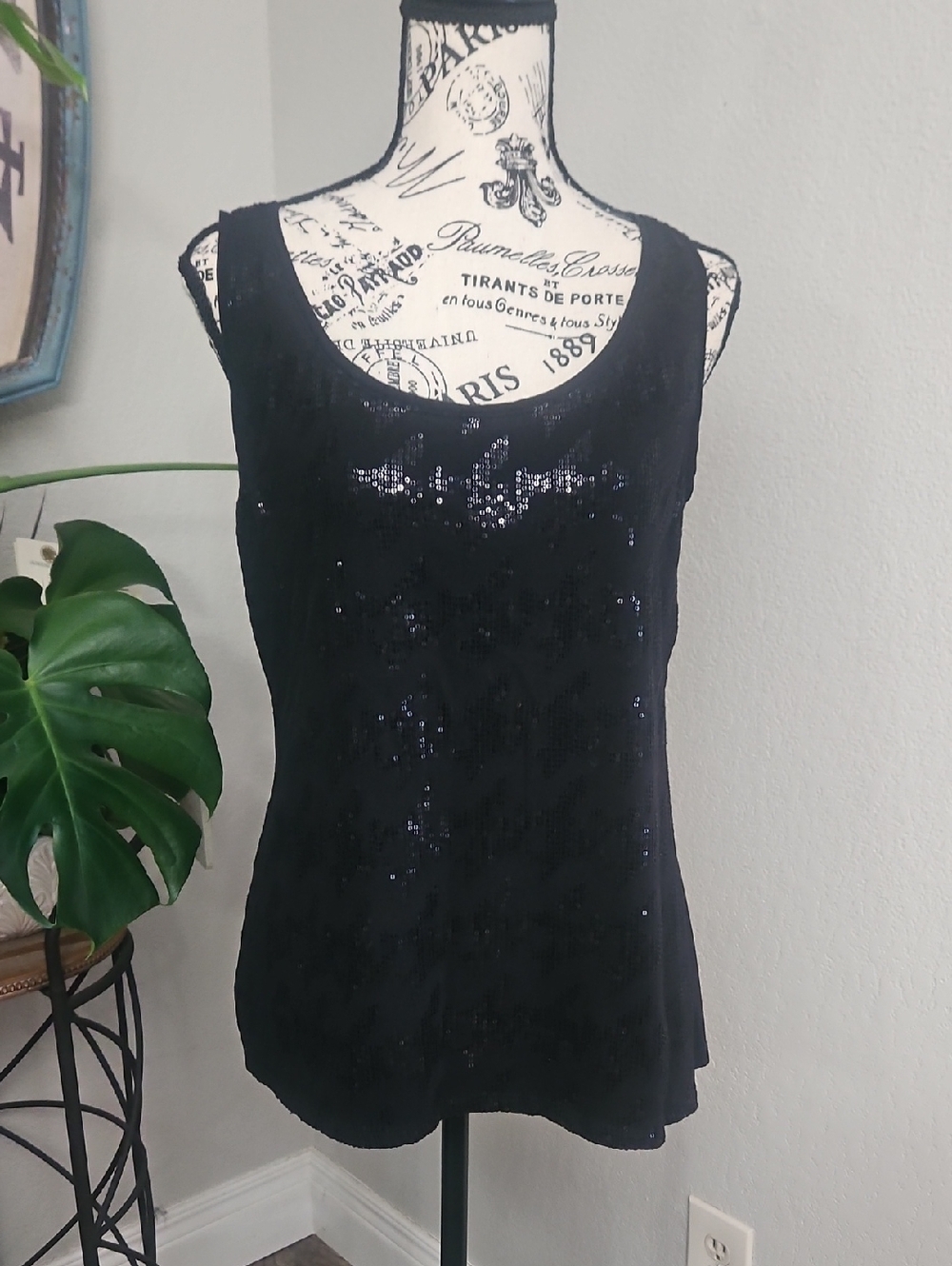 Alfani Black Sequin Knit Sleeveless Tank Top Size Large